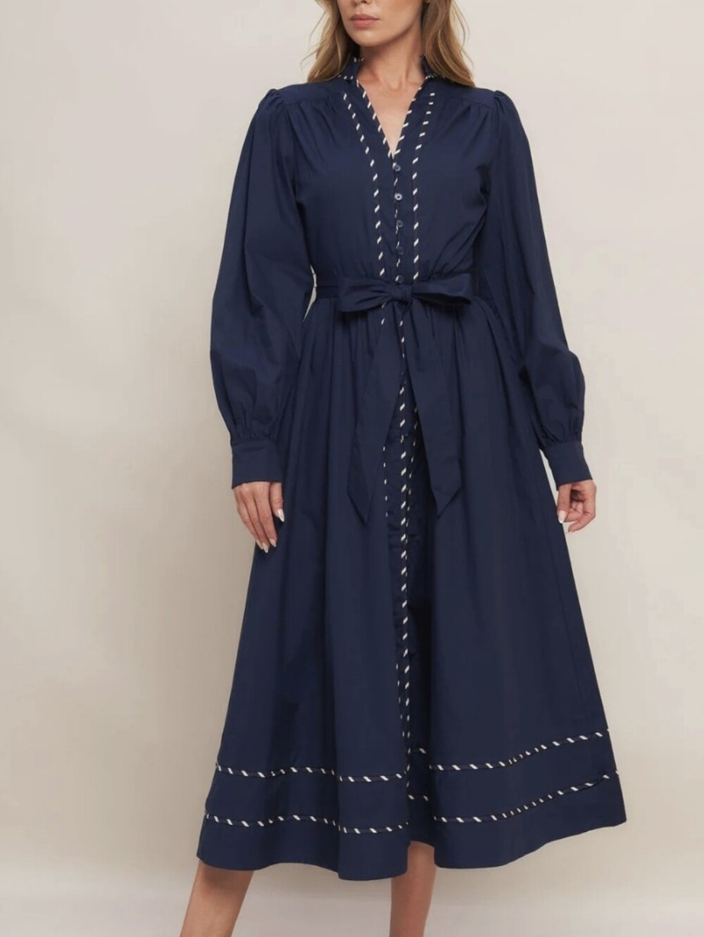 Navy Long-Sleeve Midi Buttom Dress with Tie Waist